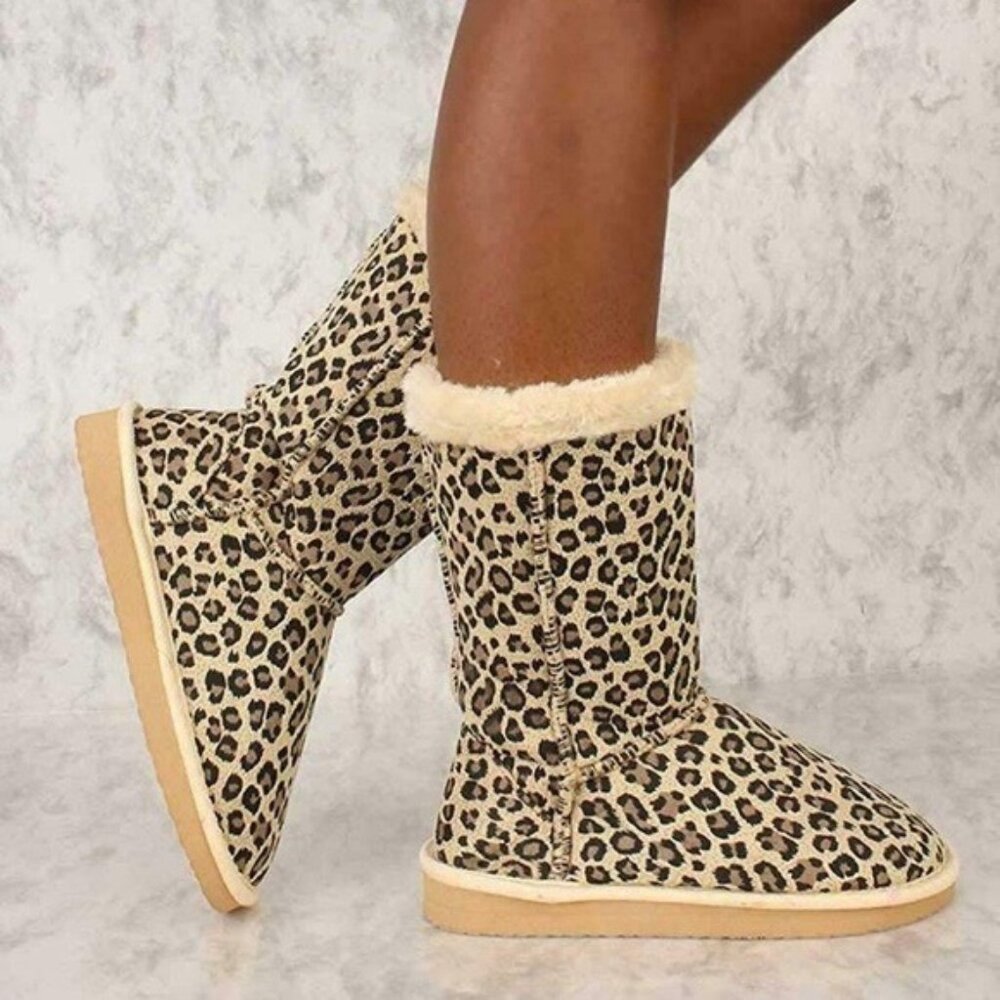 Women's‎ 7.5 Leopard Furry Shearling Vegan Suede Fleece Boots Slippers Faux Fur